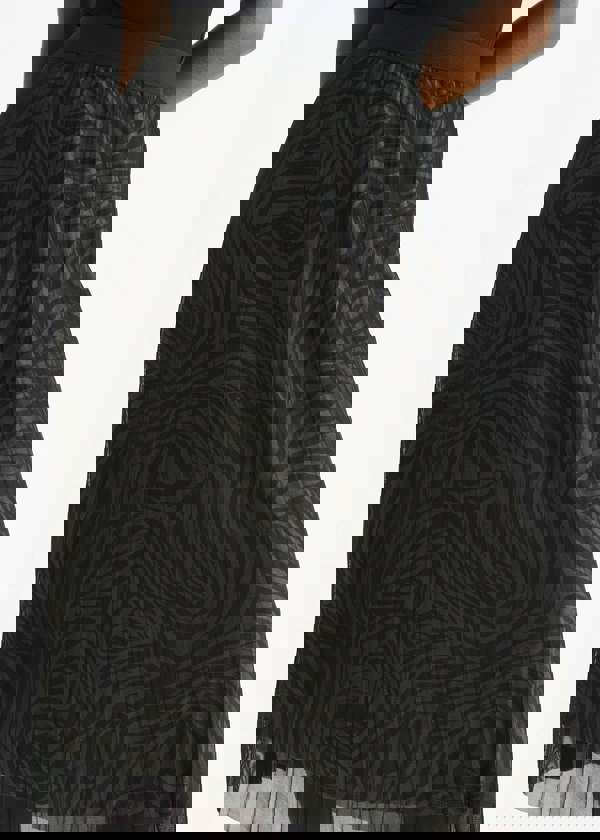 Gini London Black Animal Print Mesh Overlay Pleated Midi Skirt