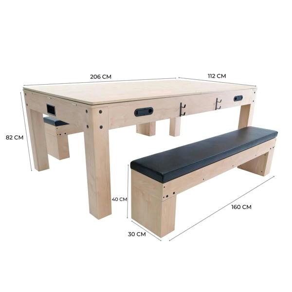 7-in-1 games table in oak with two storage benches, featuring a smooth surface, sturdy legs, and sleek black seating cushions