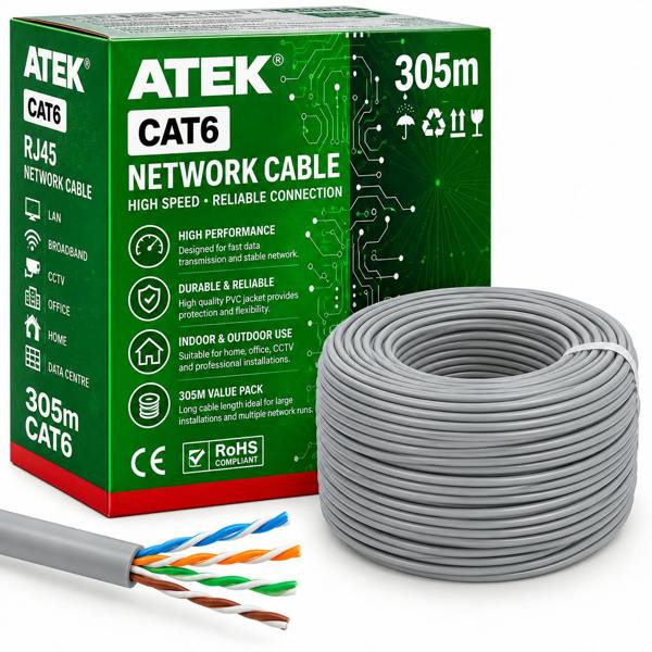 ATEK 305m CAT6 UTP Ethernet Network Cable Bulk Roll Grey LAN CCTV
