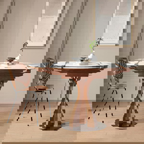 Caruso Round Extending Dining Table, Sintered Stone, White with oak dining table and 4 chairs