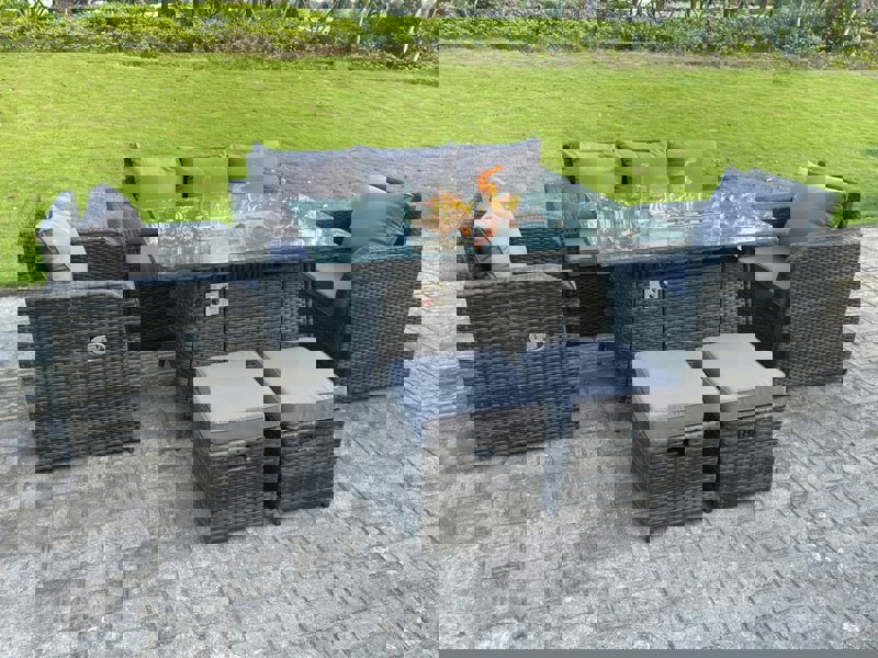 Fimous 7-Seater Dark Grey Rattan Outdoor Gas Fire Pit Set | Gas Heater, Reclining Chairs, Lounge Sofa, Footstools