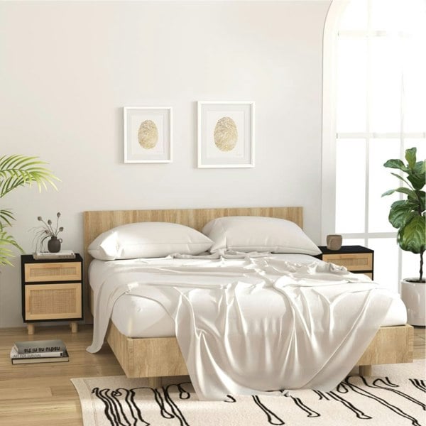 Berkfield Bedside Cabinets 2 pcs Black Solid Wood Pine and Natural Rattan