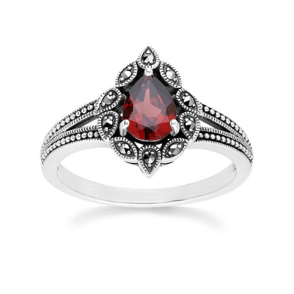 Gemondo Art Deco Style Pear Garnet & Marcasite Ring in Sterling Silver