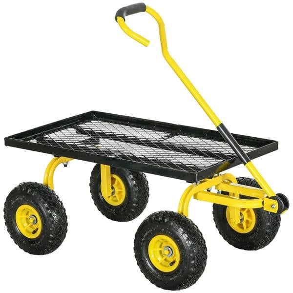 Yellow garden trolley cart with black mesh tray and four pneumatic wheels, rotating handle