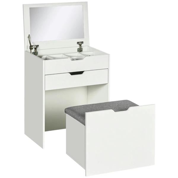 White vanity table with flip-up mirror and open top; gray upholstered storage stool