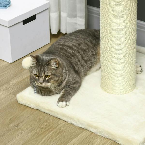 Cream cat tree base with plush pad beside a sisal-wrapped scratching post