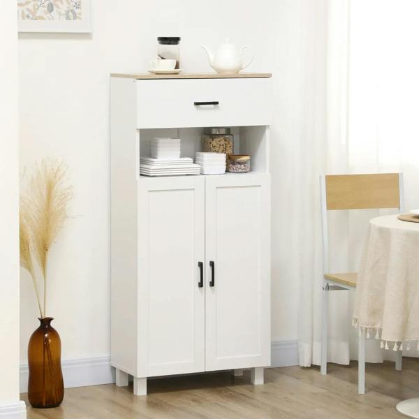 White tall cabinet with open shelf, drawer, and two door compartments with black handles
