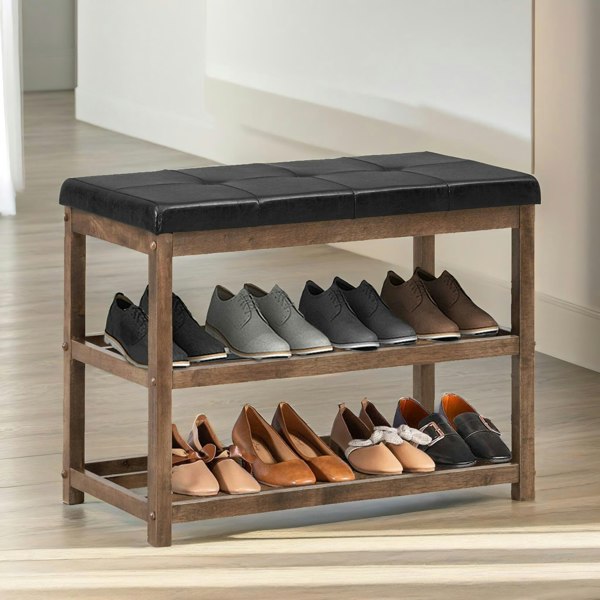 Rafaelo Mobilia Wooden 2 Tier Shoe Rack Bench Brown