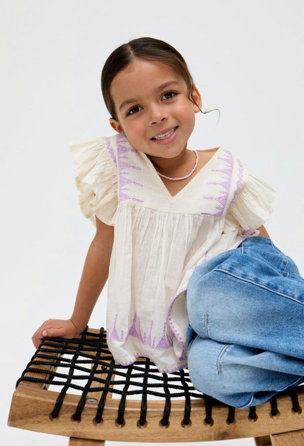 Kids Mariana Flutter Sleeve Embroidered Blouse In Cream - image 1