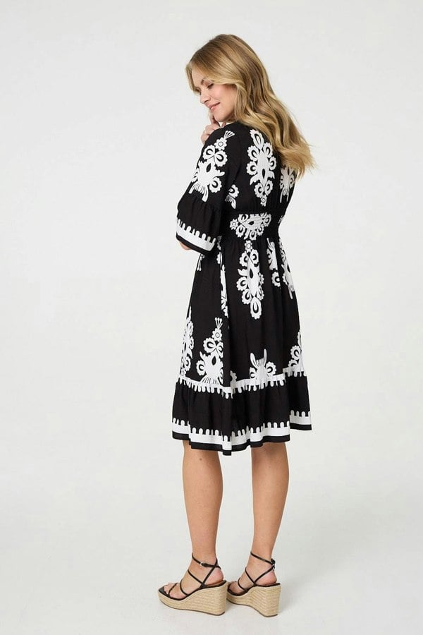 Black | Ikat Print 1/2 Sleeve Relaxed Short Dress