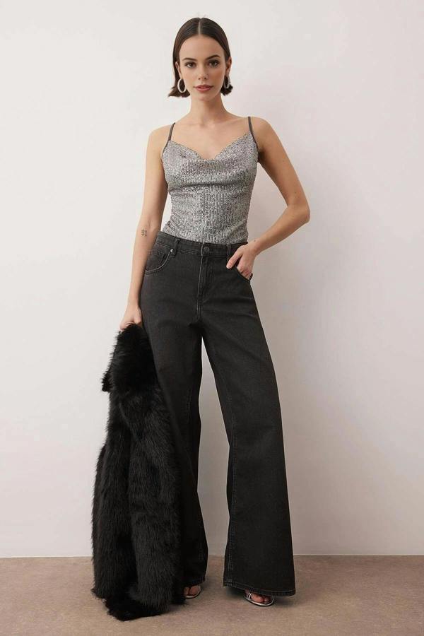 WOVCOR Sequin Knit Bodysuit with Cowl Neck Straps
