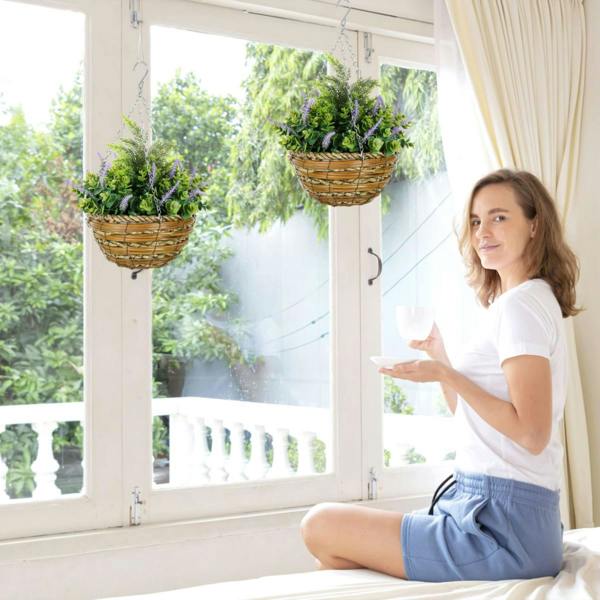 Dyzi Set of 2 Artificial Lisianthus Flower Hanging Baskets Purple