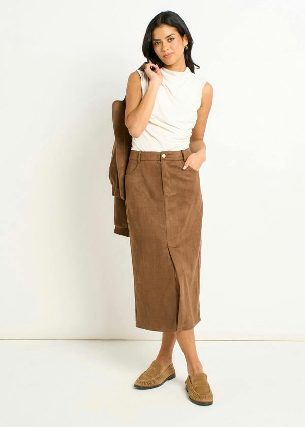 Gini London Brown Faux Suede Pencil Skirt
