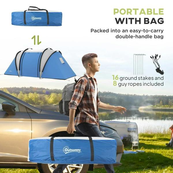 Two-man blue dome tent with carry bag and packed bundle accessories shown outdoors