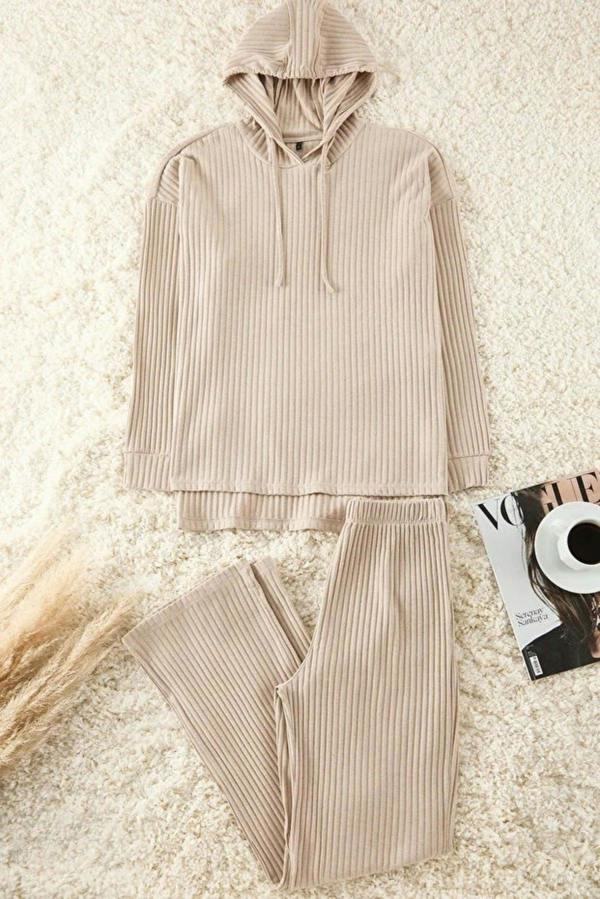 WOVCOR 2 Piece Ribbed Knit Pajama Set with Hood