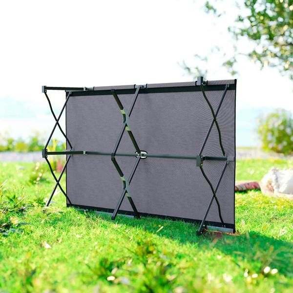 Grey double camping cot bed with green webbing ties on folding frame