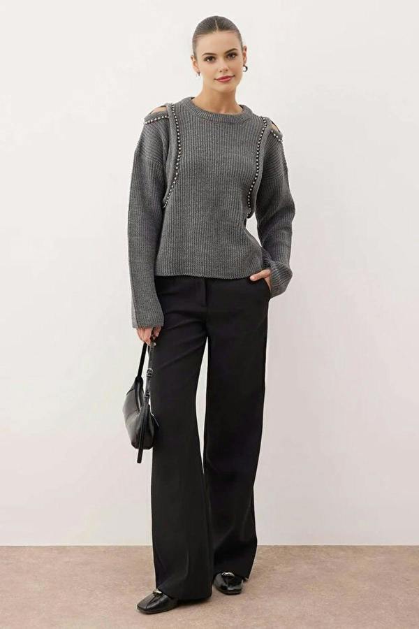 WOVCOR Pearl Embellished Knit Sweater with Shoulder Cut Out Detail