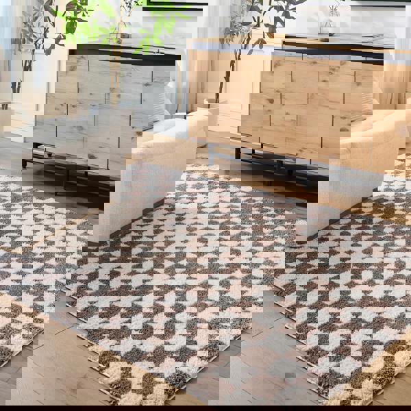 Livabliss Fossay Shag-Washable Beige Brown High Pile Checkered Rug