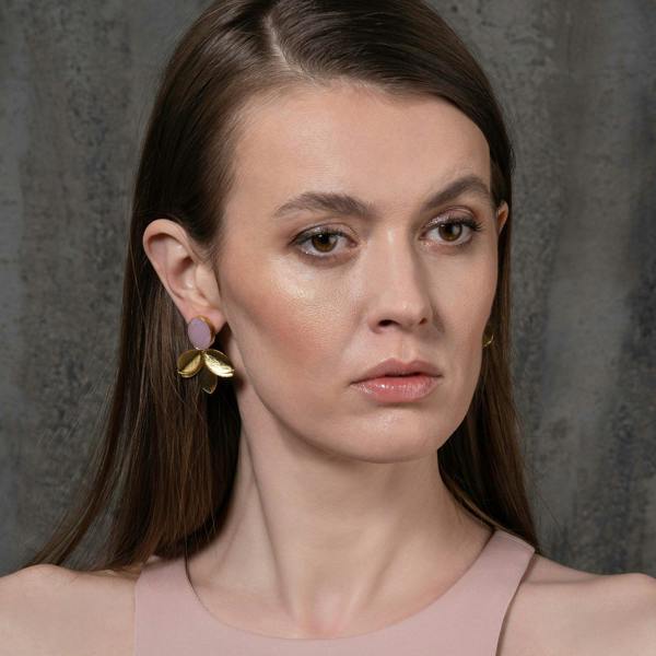 Large Gold Statement Earrings with Rose Chalcedony - namana.london