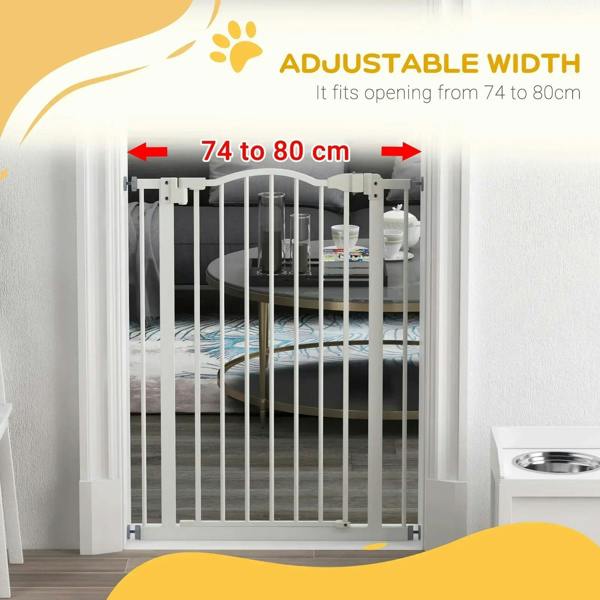 White adjustable dog gate fits 74-80 cm openings, front view with vertical bars