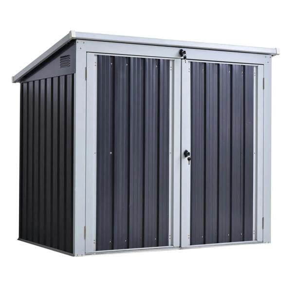 Black two-bin corrugated steel storage shelter with double doors and vented side panels