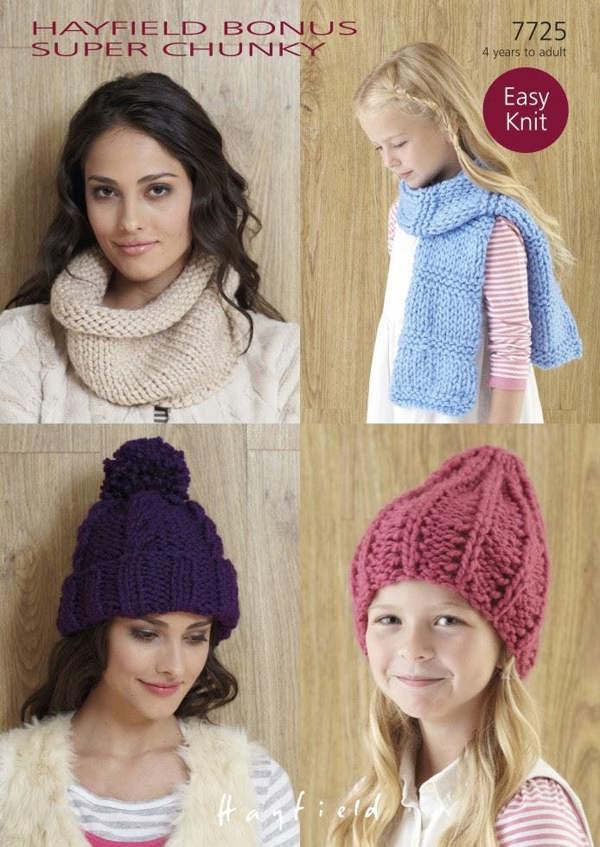 Hayfield Bonus Super Chunky Knitting Pattern 7725, Headwear, Scarves for Kids, Women, 4 Years- Adult - Intermediate