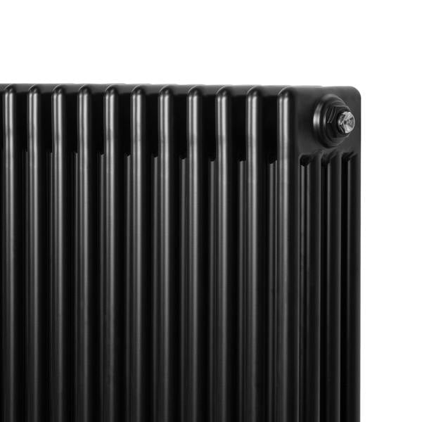 Traditional black 4 column radiator with a sleek, smooth finish and visible valve, measuring 1800 x 290mm, ideal for classic interiors