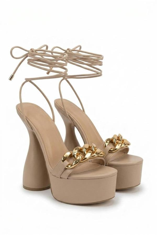 Becky Lace Up High Heels With Chain Detail - Nude_wb