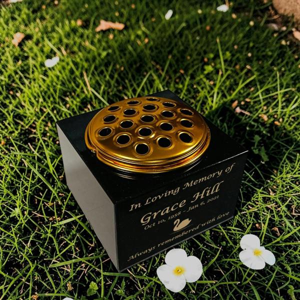 Memorials Direct Granite Memorial Vase with Swan Design 2, Free Personalised Gold Engraving, Solid Granite 6 x 6 x 4 Inches