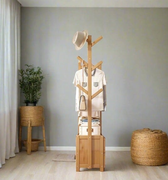 Modcraft Heavy Duty Bamboo Clothes Rail Rack with Drawers & Hooks – Open Corner Garment Stand Wardrobe