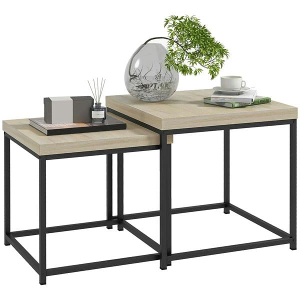 Nest of 2 coffee tables with oak-look tops and black steel frames, rectangular design
