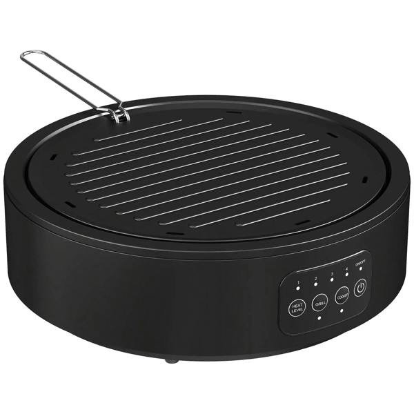 Black electric ceramic hob with round grill plate and control panel, heat settings