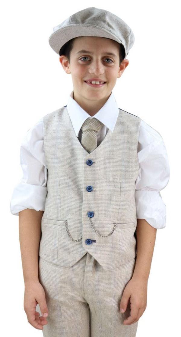 House of Cavani Boys 3 Piece Cream Herringbone Tweed Check Classic  Suit