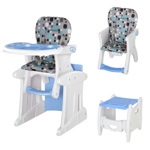 Blue 2-in-1 convertible baby high chair with removable tray and safety harness