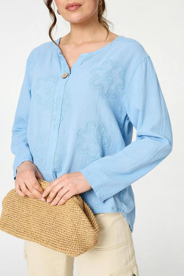 Light Blue | Floral Embroidered Relaxed Blouse