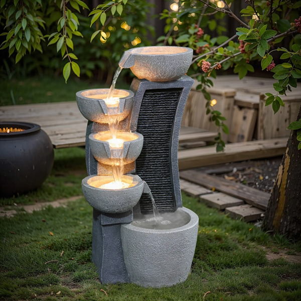LuxenHome Pot Cascading Outdoor Garden Water Feature with LED Lights