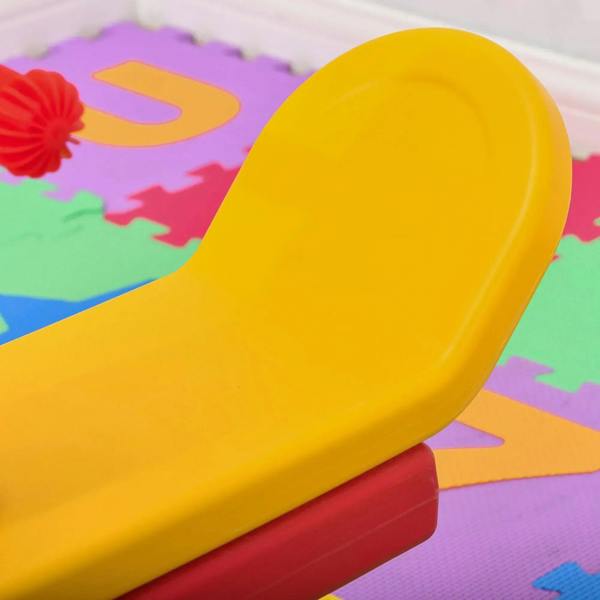 Curved yellow seat pad on a red rocker board