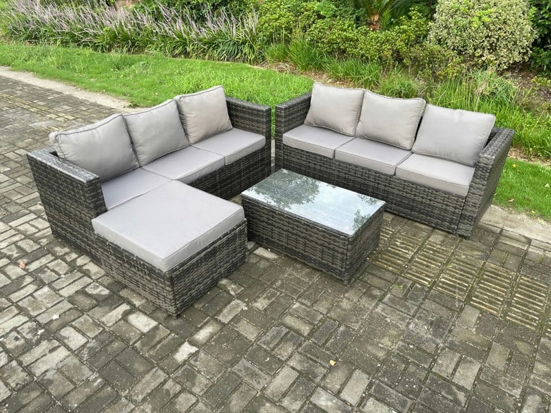 Fimous 7 Seater Rattan Garden Furniture Set Outdoor Patio Sofa Set with Oblong Coffee Table Big Footstool Dark Grey Mixed