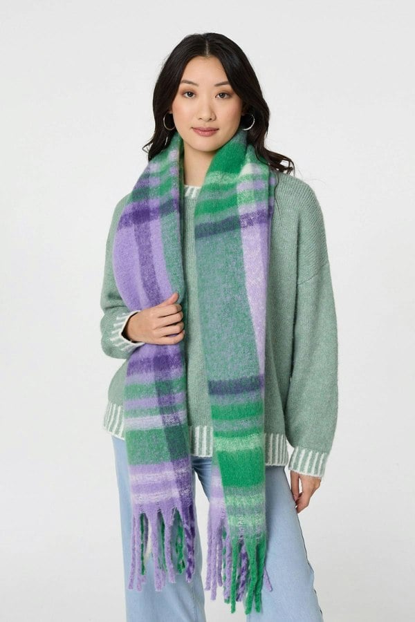Purple | Checked Print Oversized Fringed Scarf
