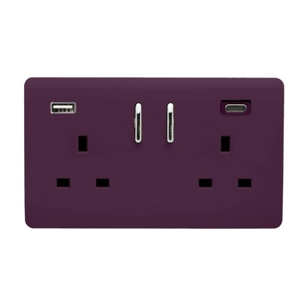 Trendi Switch 2 Gang USB 3100mA Type A & C USB Plug Socket in Plum Purple