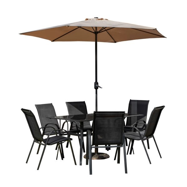 Samuel Alexander Outdoor 6 Person Rectangular Glass Top Garden Patio Dining Table Chairs With Beige Parasol and Base Set