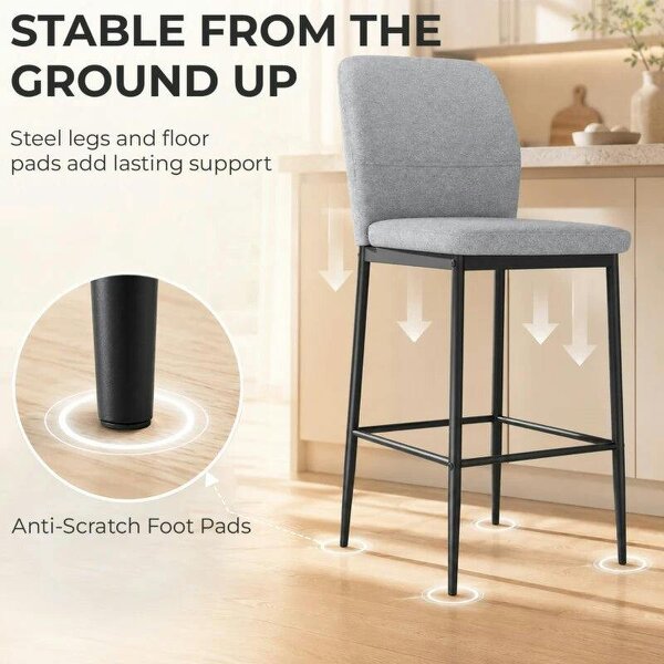 Modern Tall Chairs, Set of 2 Velvet Bar Stools with Footrest and Backrest, Kitchen & Living Room Stools, Grey