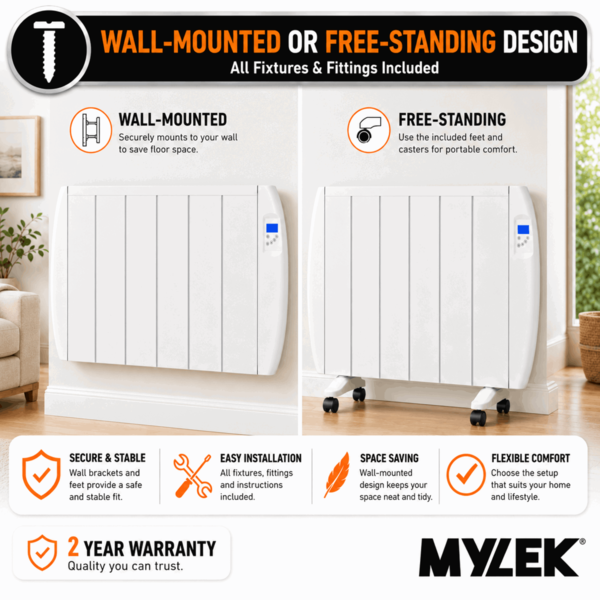 MYLEK Panel Heater Radiator 1500W Electric with Programmable Digital Timer