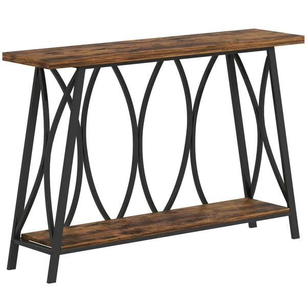 Industrial 2-tier console table with rustic brown wood top and dark metal oval frame