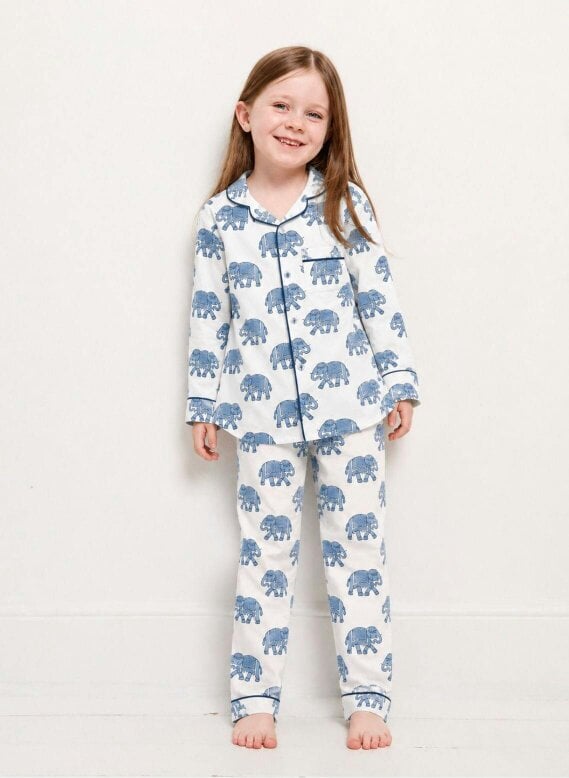 Kids Elephant print pyjamas in woodblock print cotton voile. Available in pink, blue & Green