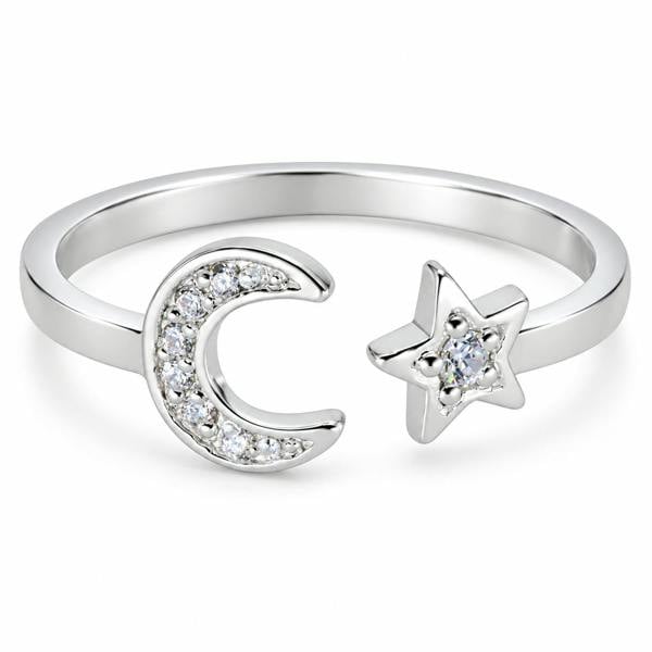 Cooksongold Sterling Silver Moon and Star Adjustable Ring, Cubic Zirconia, Witchy Halloween Jewellery