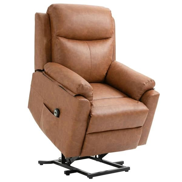 Brown faux leather electric riser recliner chair with padded armrests and headrest