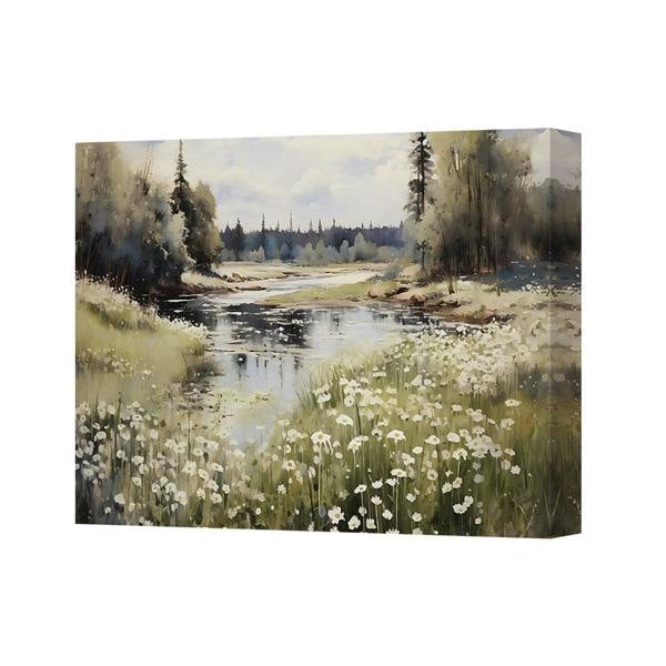 Benjamin Tate Design Serene River Meadow Landscape Daisy Field Canvas Wall Art
