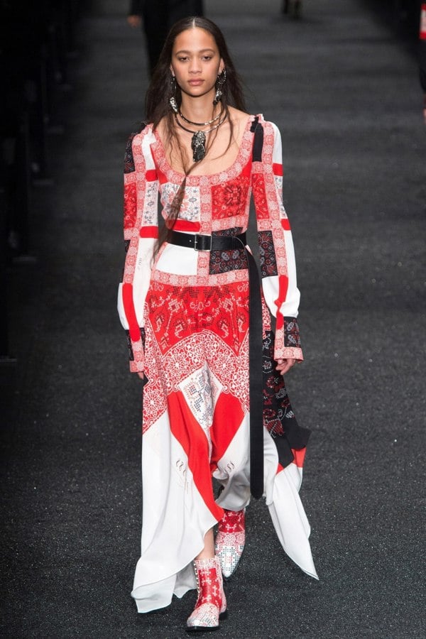 Alexander McQueen patchwork patterned dress in red, black and white with scoop  neckline and trapeze hemline