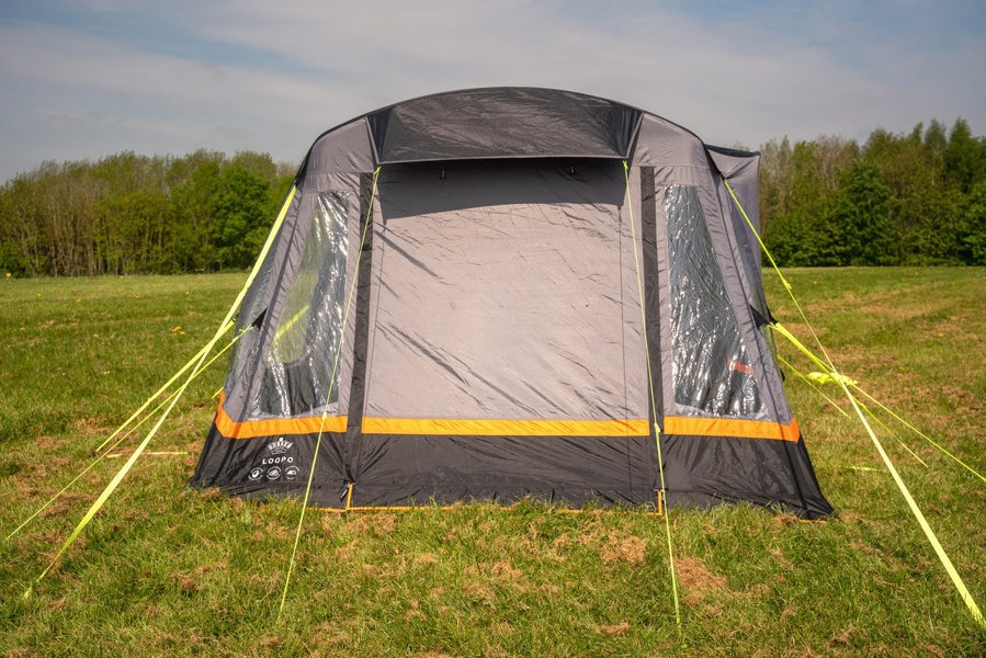 the front of the charcoal Loopo Breeze® v2 Inflatable Campervan Awning by OLPRO with its doors shut imageset:Charcoal